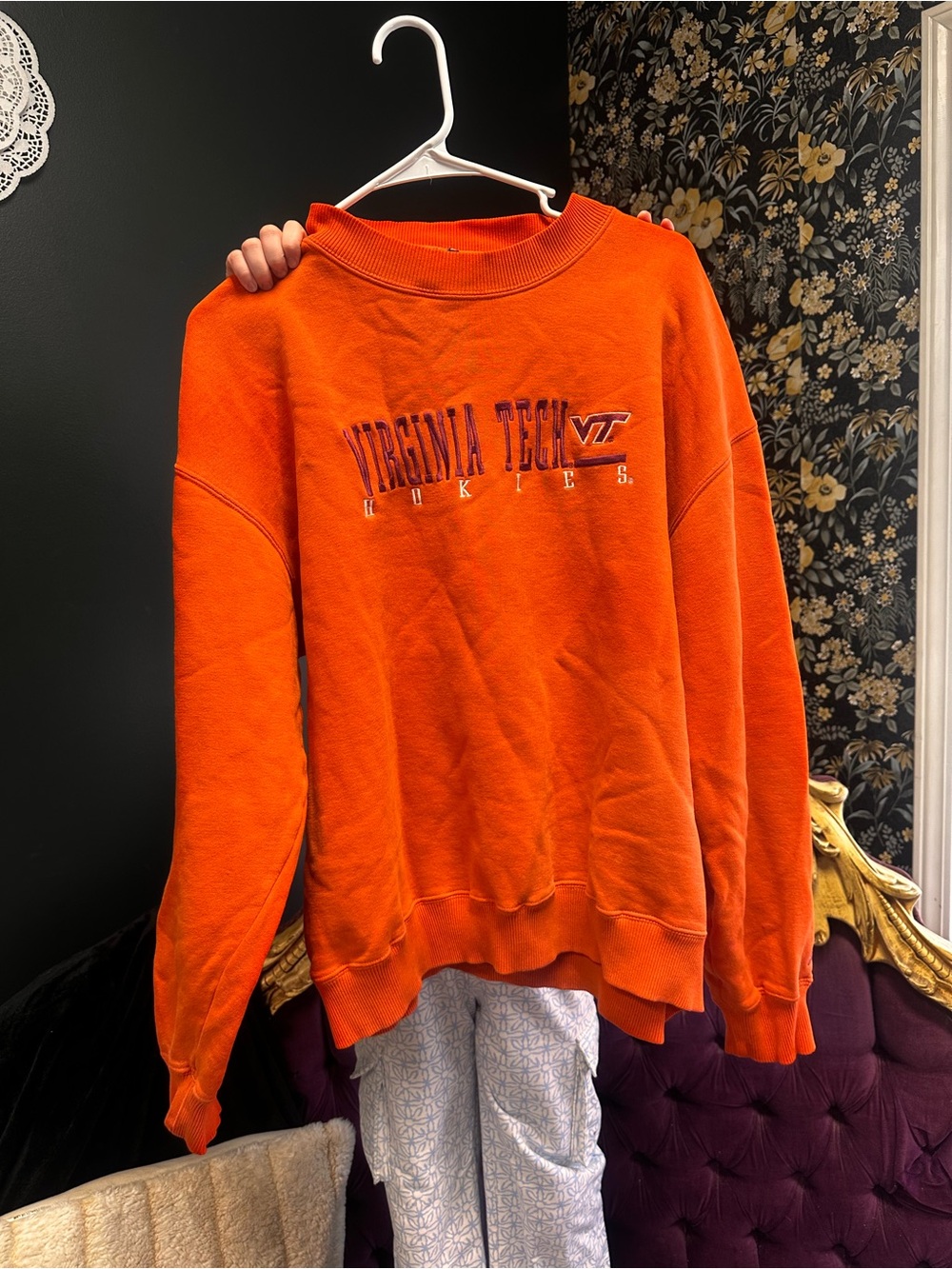 Vintage Virginia Tech Hokies Embroidered Crewneck Sweatshirt Orange Oversized